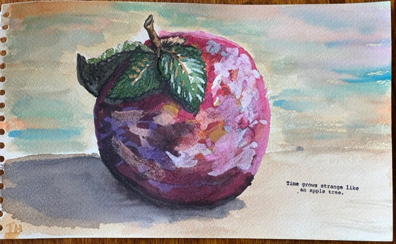 Watercolour of a large purple apple resting on a surface, a pale sky and far shoreline behind it.