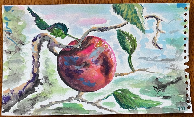 Watercolour of a red apple on a branch against a blue-green sky, birds in the distance.