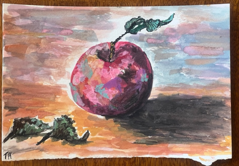 Watercolour of a purple-red apple resting on a warm orange ground, its shadow falling dark behind it.