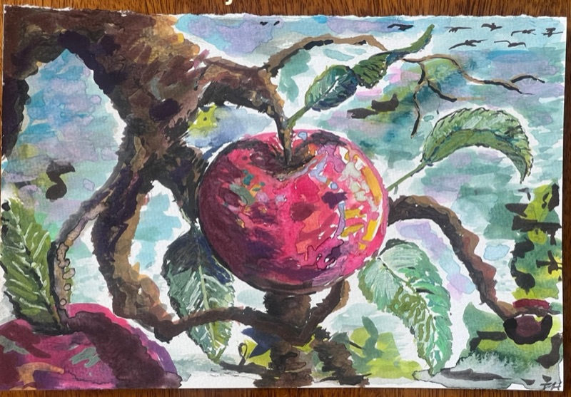 Watercolour of a red apple hanging from a gnarled branch, green leaves and blue sky around it.