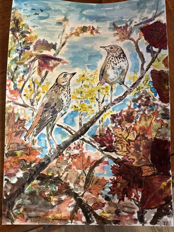 Watercolour of two thrushes on a branch among red and gold autumn leaves, a blue sky and distant flocks behind them.