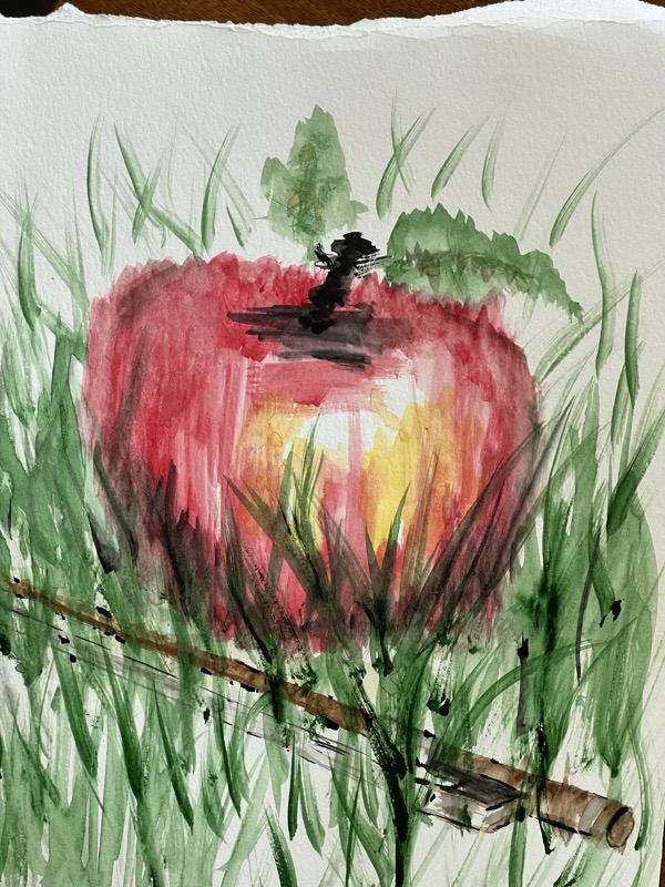 Watercolour of a large red apple resting on a branch in tall grass, a small dark bird perched on top of it.