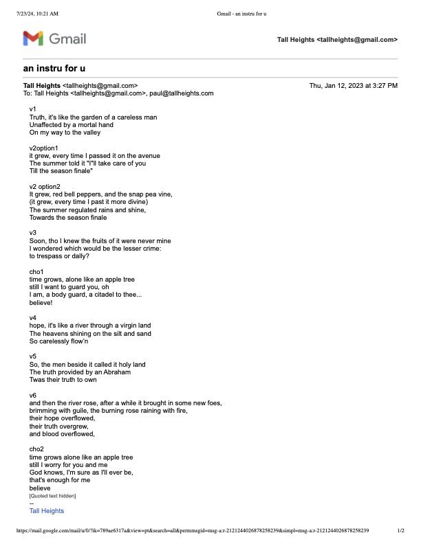 Apple Tree lyric draft, page 1, from an email between the two of us
