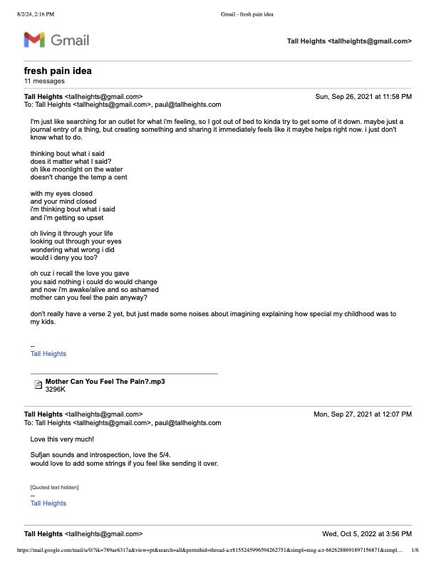 The first email: fresh pain idea, September 2021, with the first lyrics and a demo attached